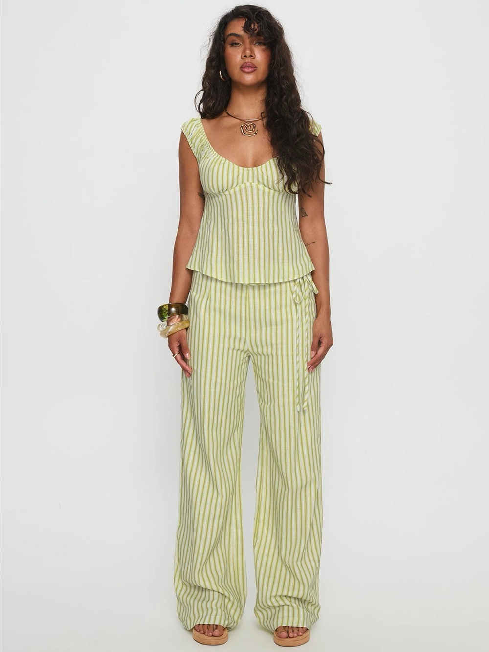 Princess Polly Pale Green Striped Wide-Leg Pants